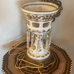 💡🤍💛Antique Mantle Lusters Bohemian W/ Prisms 12.5  Tall.Hand Painted Milk Glass